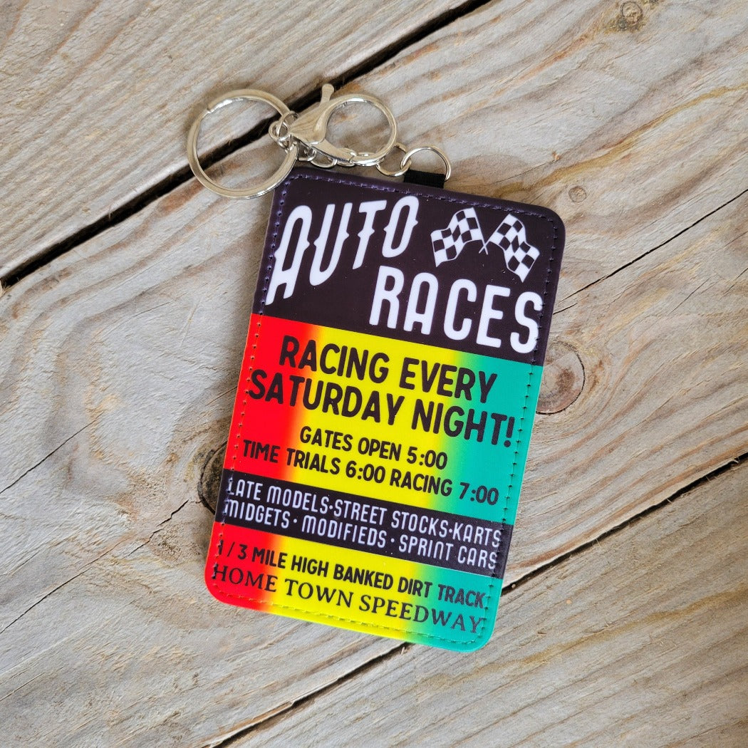 Racing poster credit card/identification holder key rings.