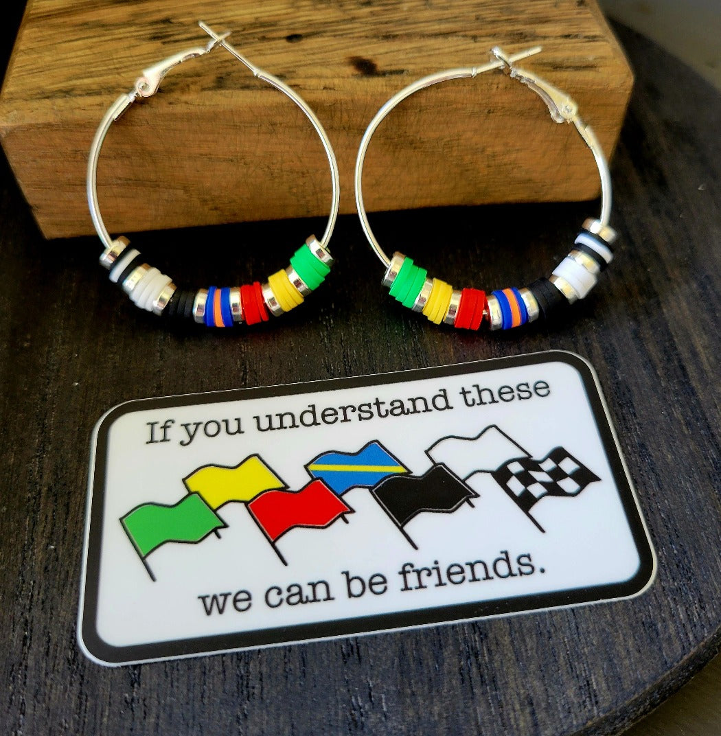 Wire hoop earrings with the colors of the racing flags.