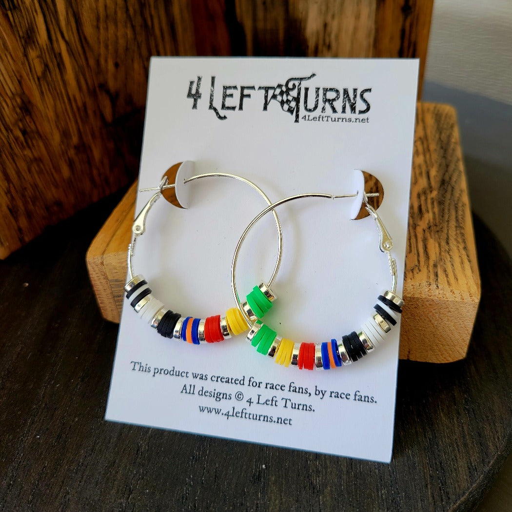 Wire hoop earrings with the colors of the racing flags.