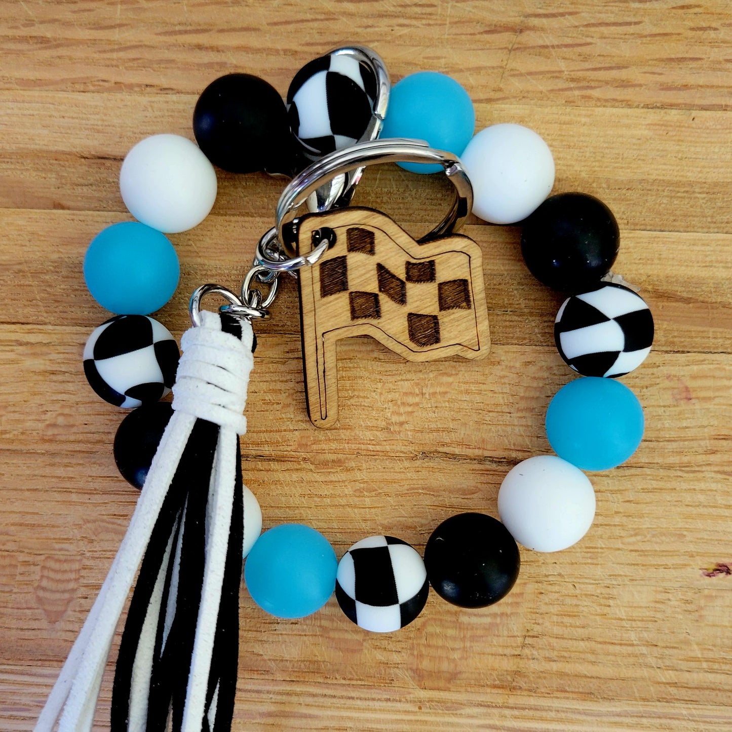 Glow-in-the-Dark Neon Wavy Checkered Flag Silicone Bead Wristlet Bracelet Key Ring with Charm
