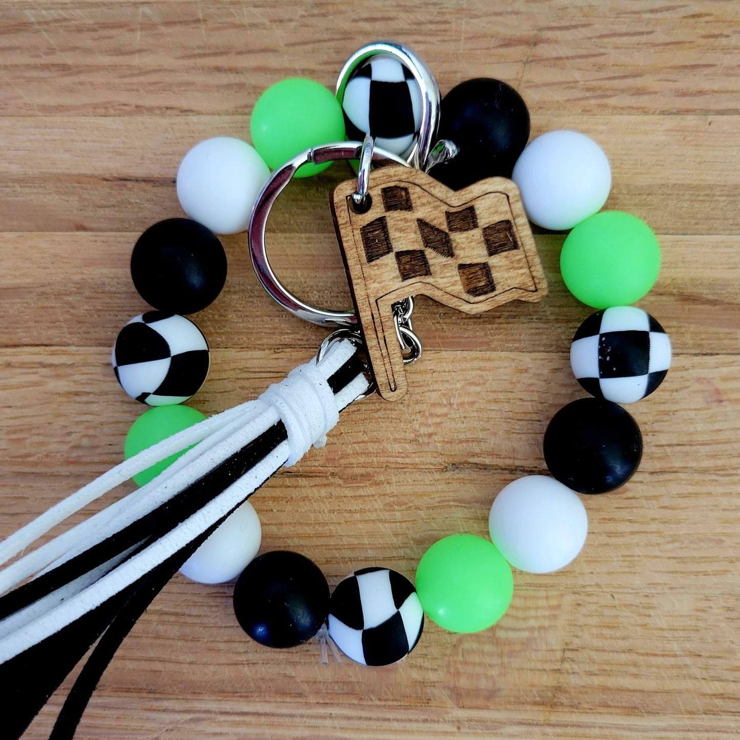Glow-in-the-Dark Neon Wavy Checkered Flag Silicone Bead Wristlet Bracelet Key Ring with Charm