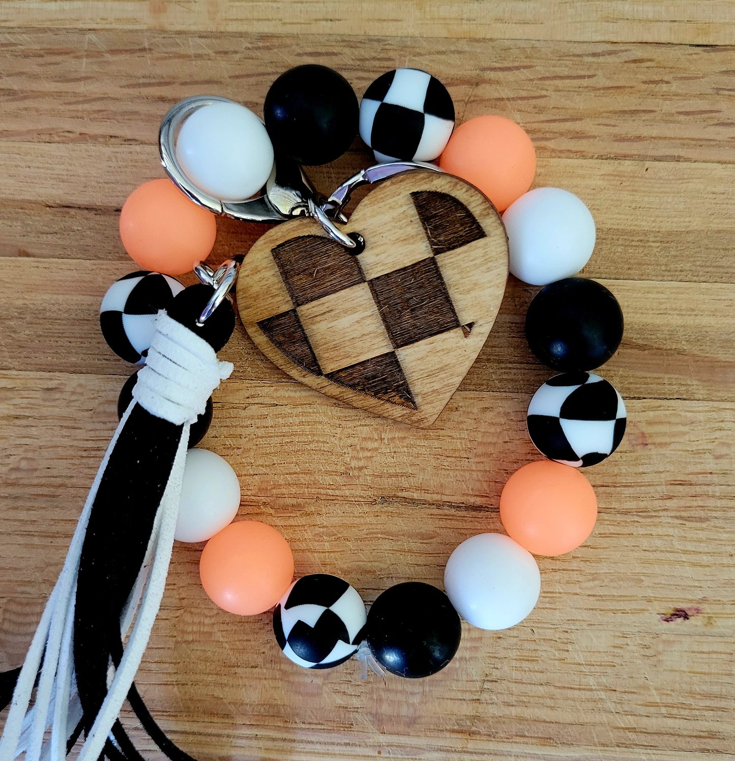 Glow-in-the-Dark Neon Wavy Checkered Flag Silicone Bead Wristlet Bracelet Key Ring with Charm