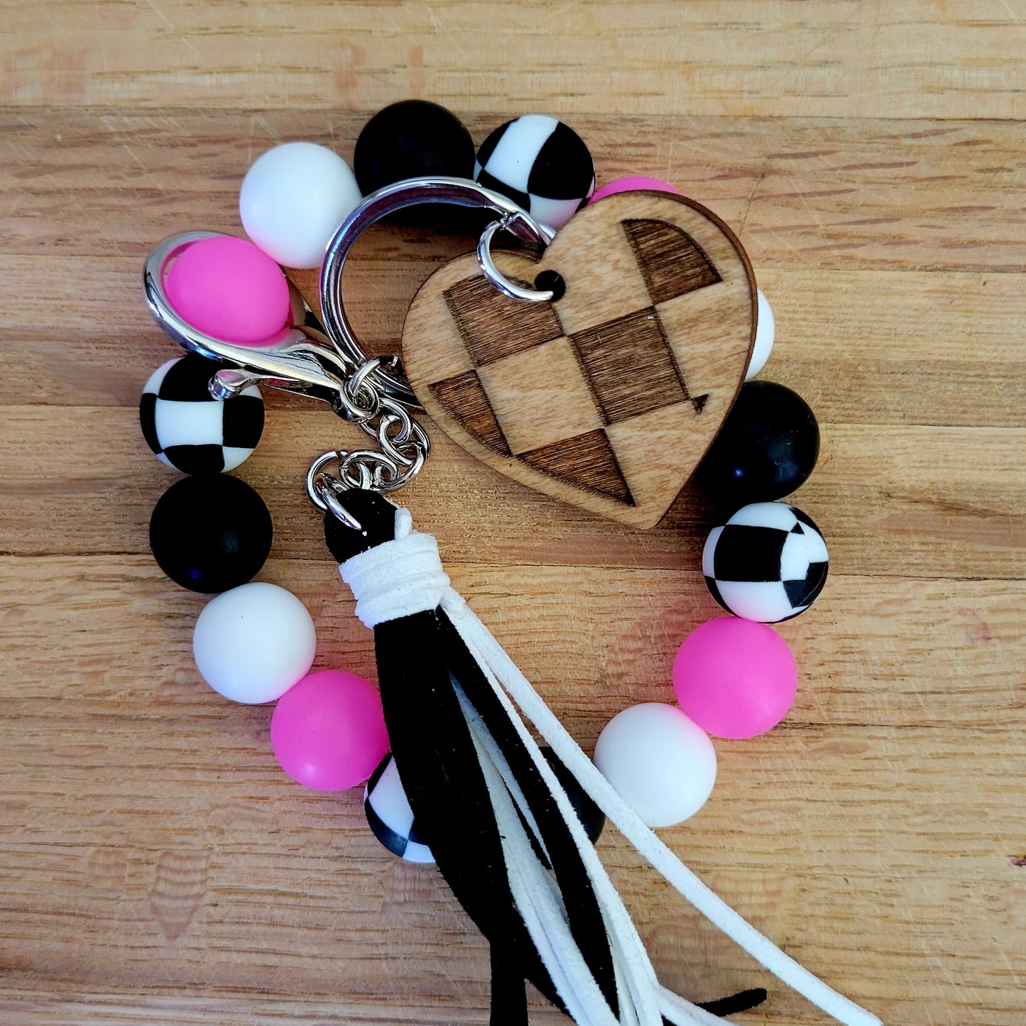 Glow-in-the-Dark Neon Wavy Checkered Flag Silicone Bead Wristlet Bracelet Key Ring with Charm
