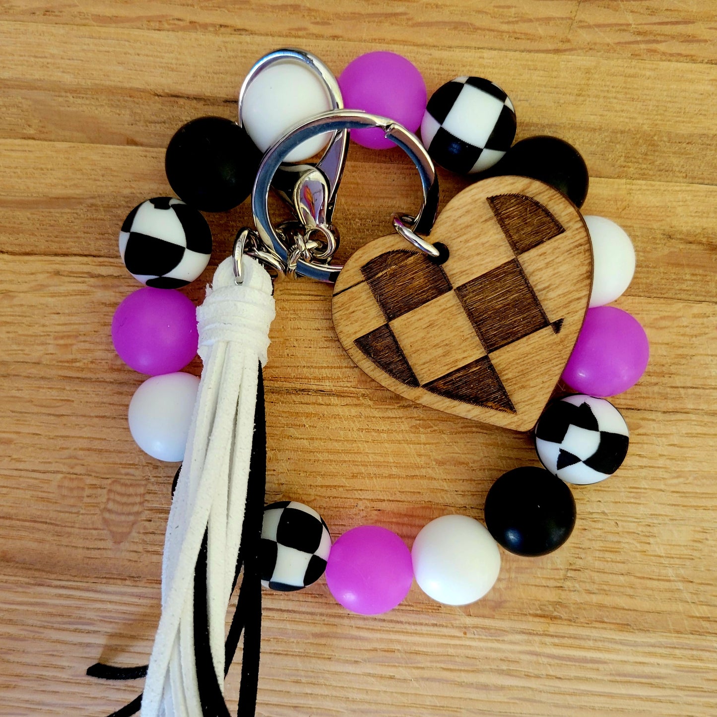 Glow-in-the-Dark Neon Wavy Checkered Flag Silicone Bead Wristlet Bracelet Key Ring with Charm
