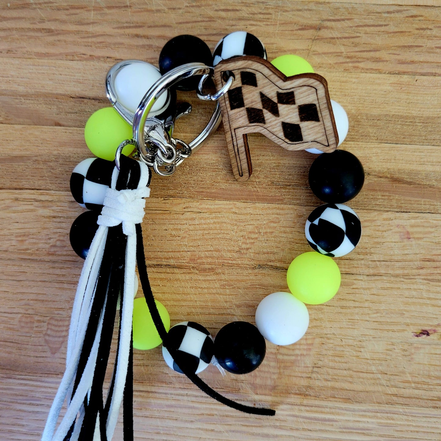 Glow-in-the-Dark Neon Wavy Checkered Flag Silicone Bead Wristlet Bracelet Key Ring with Charm