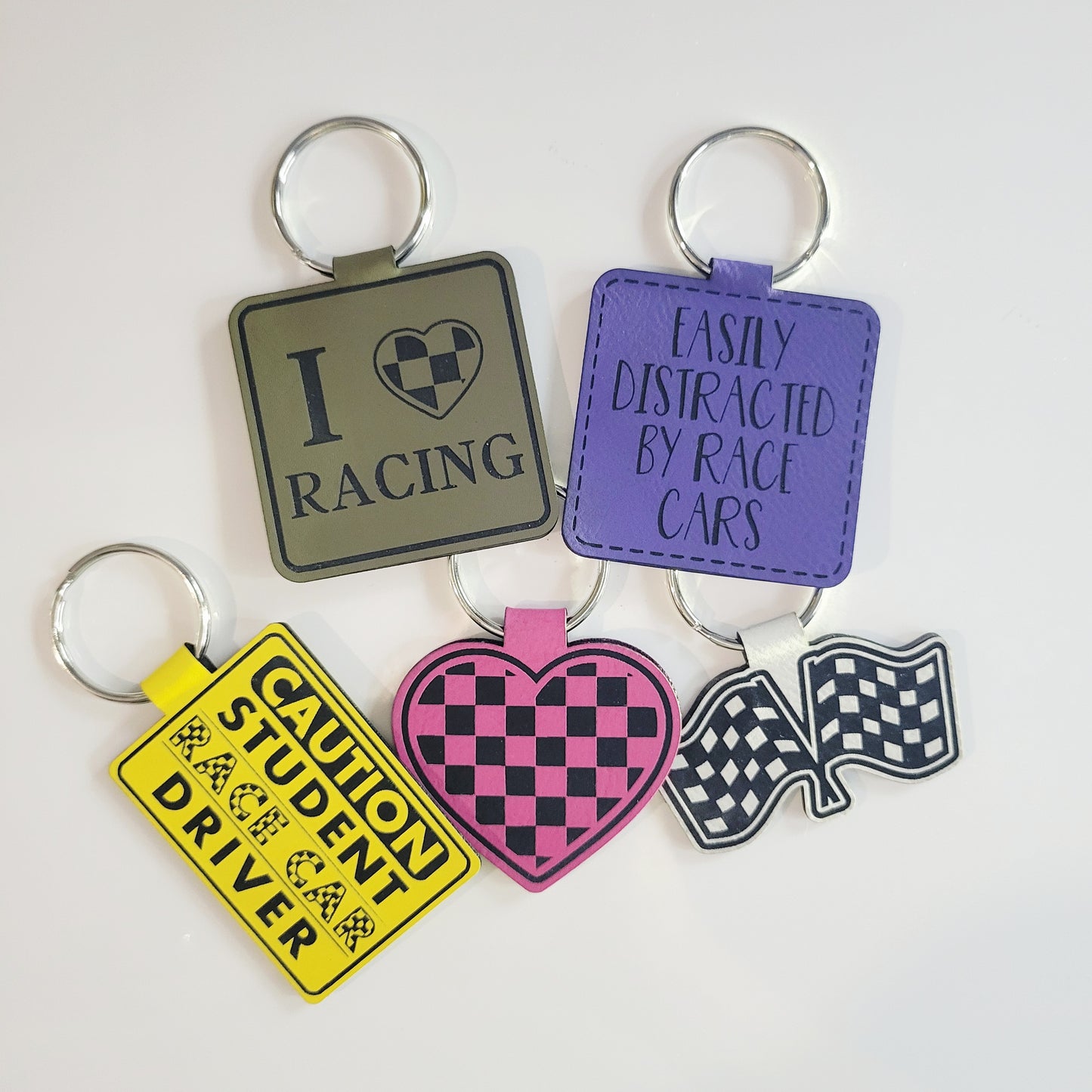 Crossed Checkered Flags Racing Leatherette Key Ring