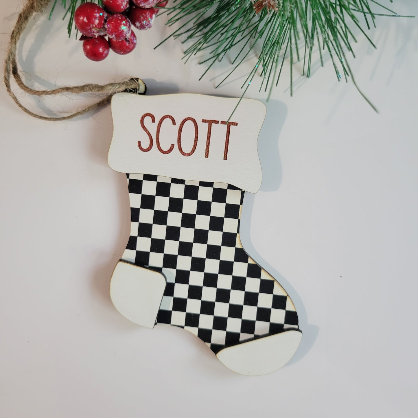 Personalized Checkered Christmas Stocking Ornament