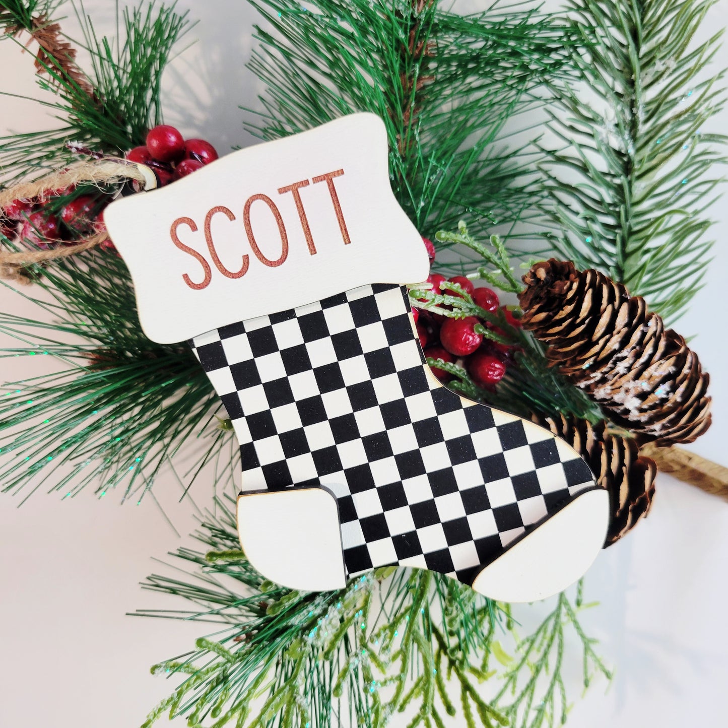 Personalized Checkered Christmas Stocking Ornament