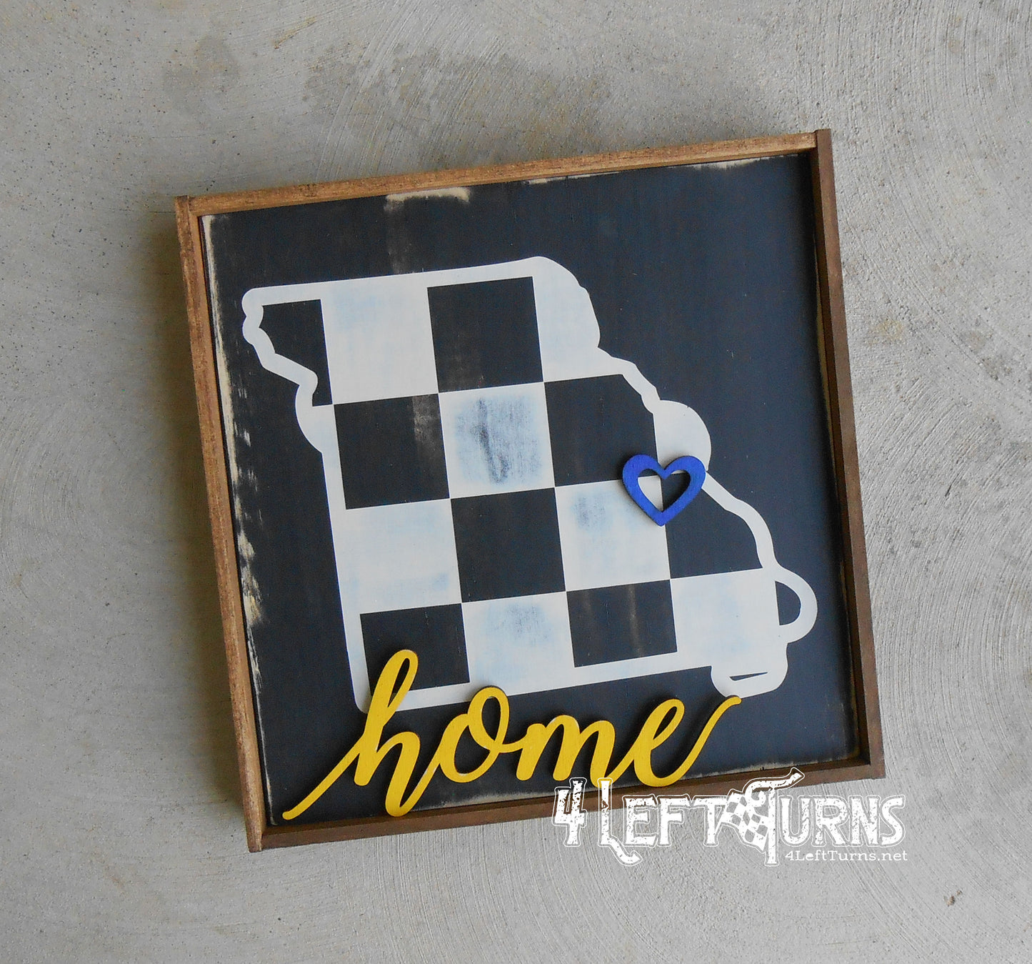 Large Checkered State Painted Wood Sign with Home and Heart