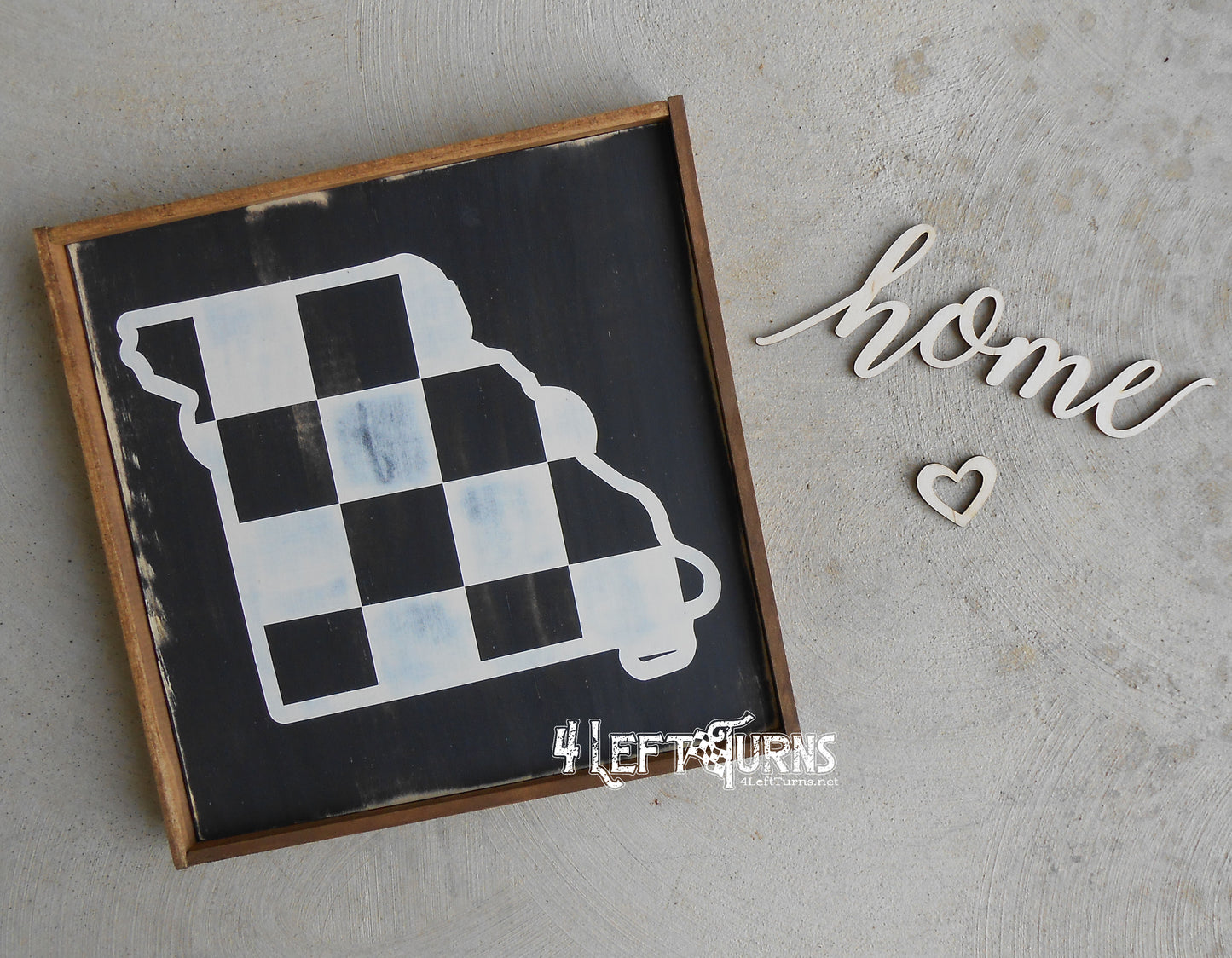 Large Checkered State Painted Wood Sign with Home and Heart