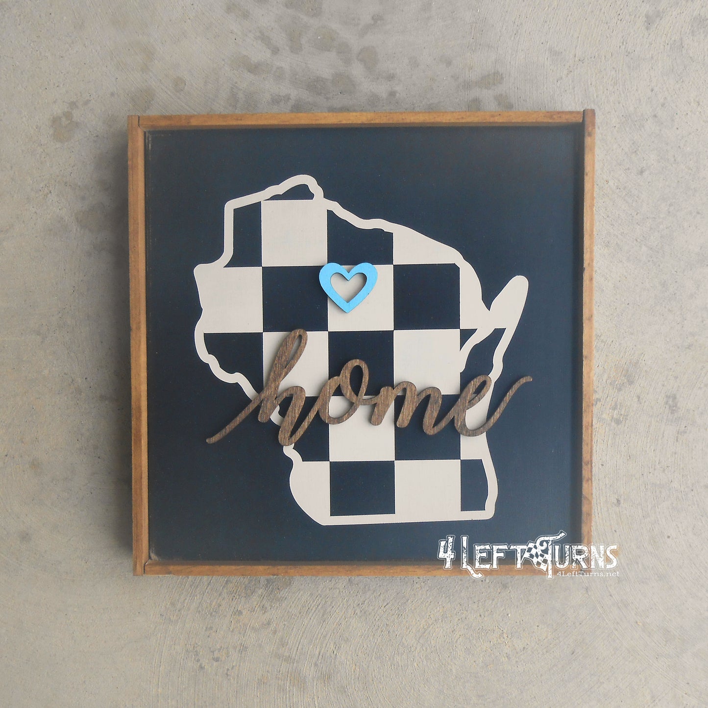 Large Checkered State Painted Wood Sign with Home and Heart