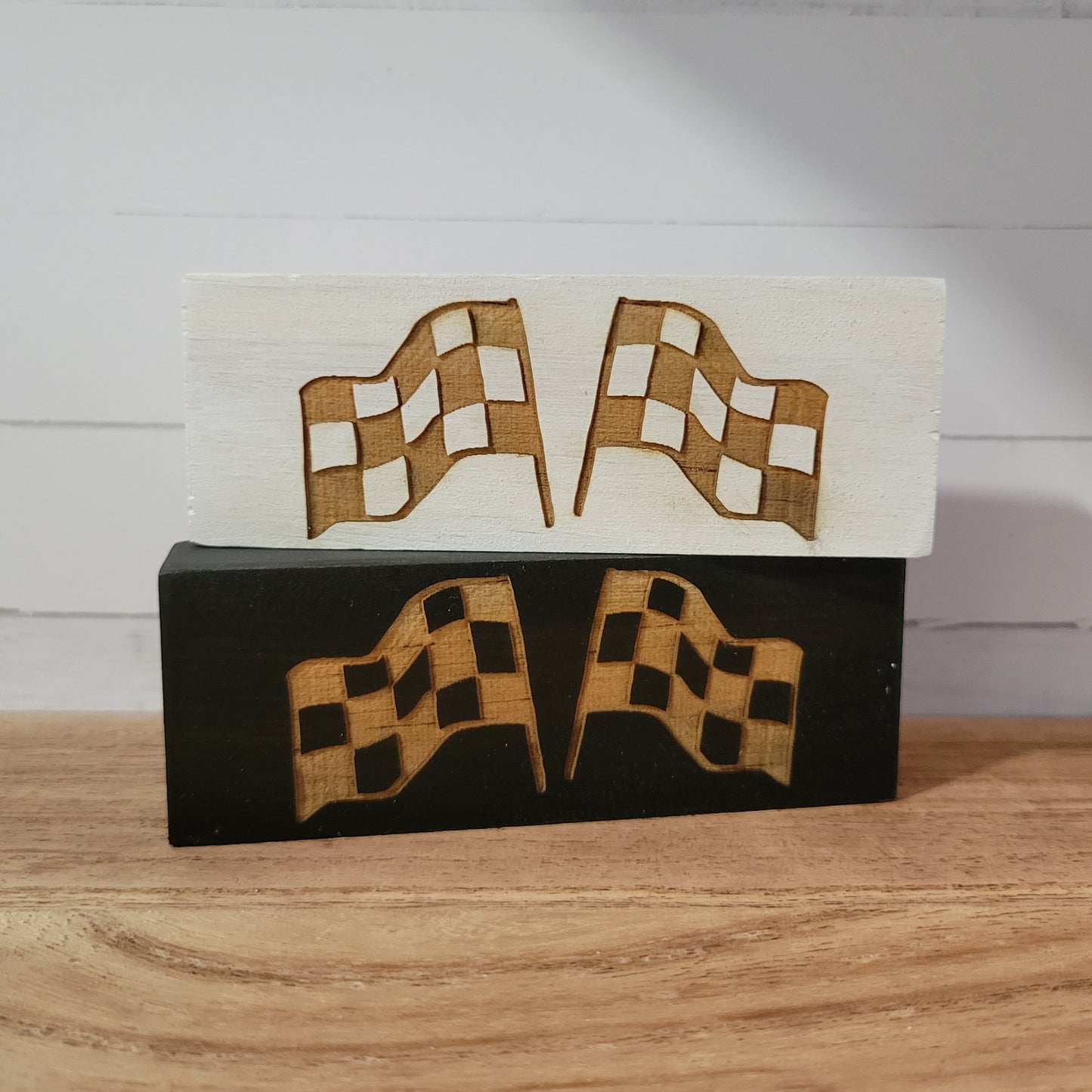 Double Checkered Flags Laser Engraved Mini Wood Sign