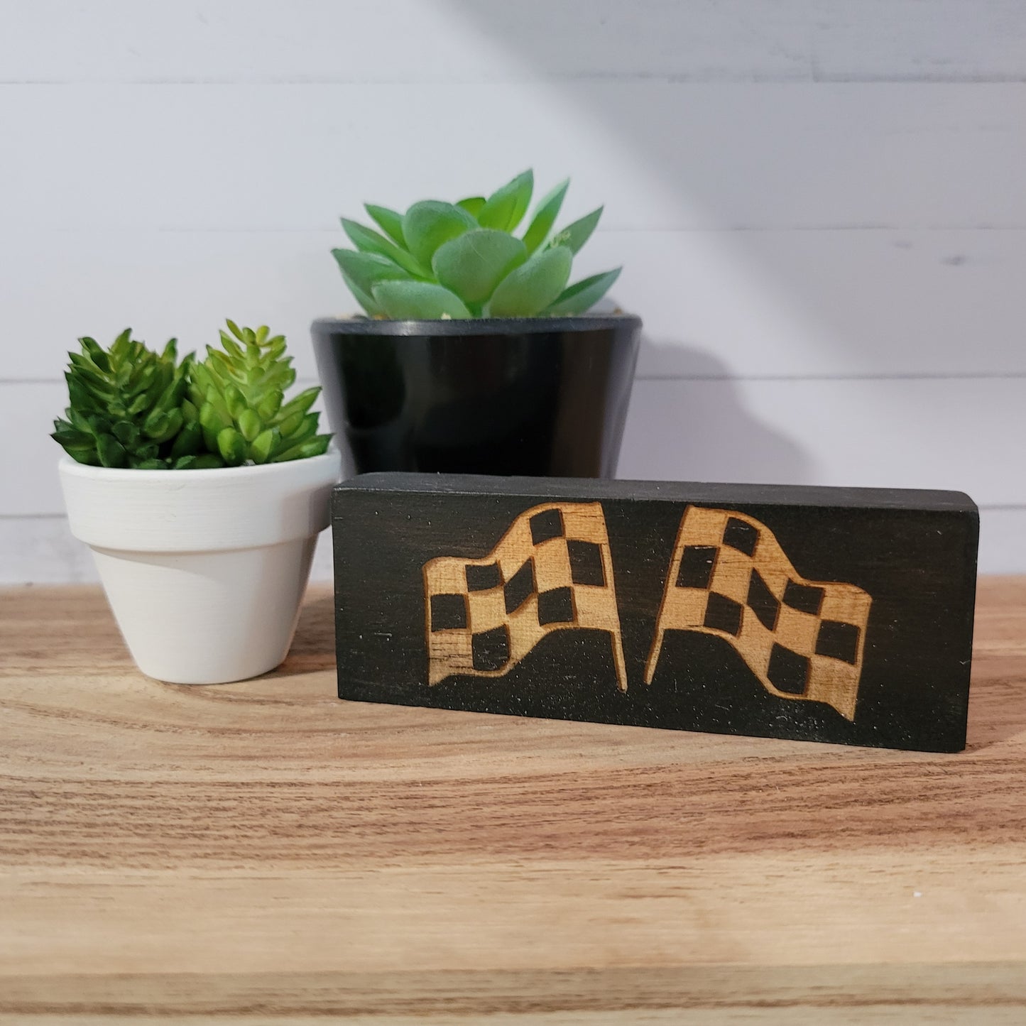 Double Checkered Flags Laser Engraved Mini Wood Sign