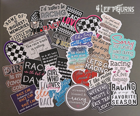 Racing themed stickers for water bottles, tablets and more.
