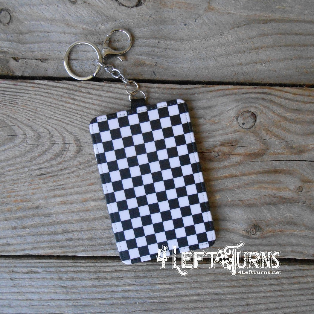 Checkered print credit card/identification holder key rings.