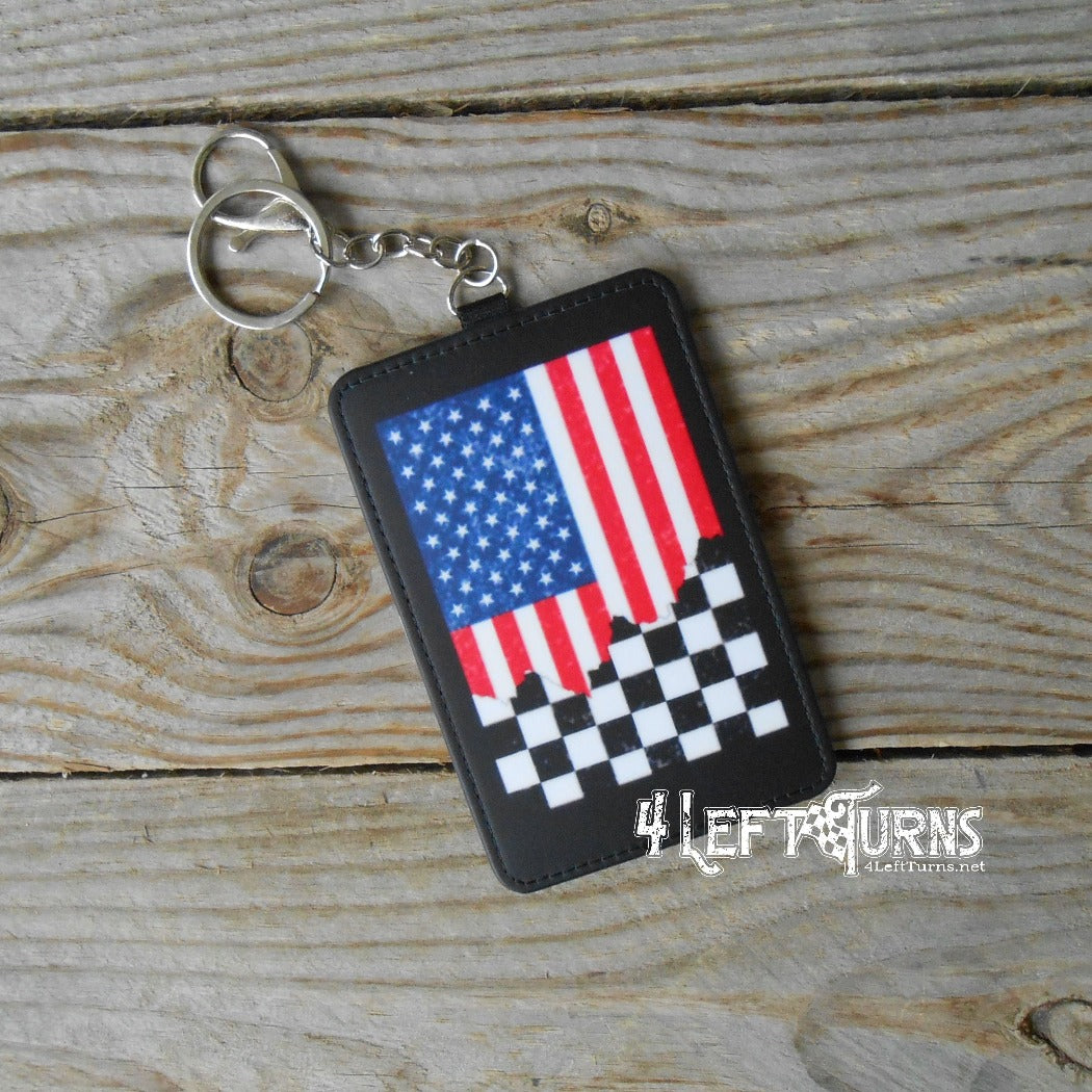 Merged flag credit card/identification holder key rings.