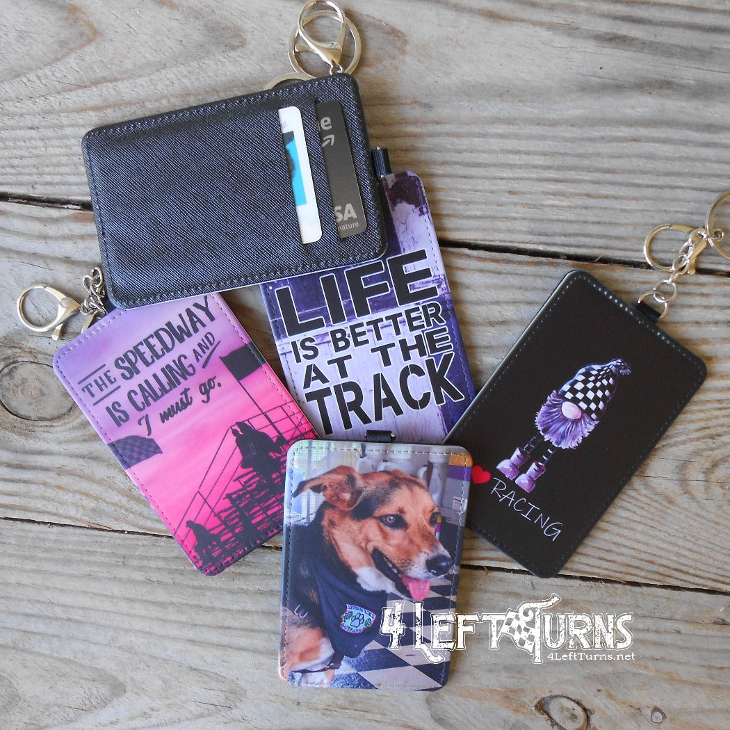 Racing themed credit card/identification holder key rings.