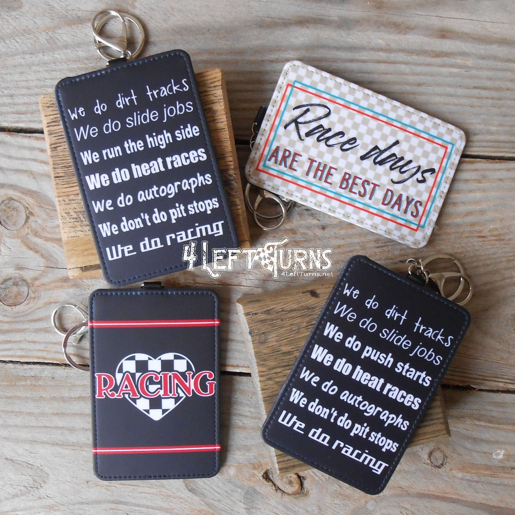 Racing themed credit card/identification holder key rings.