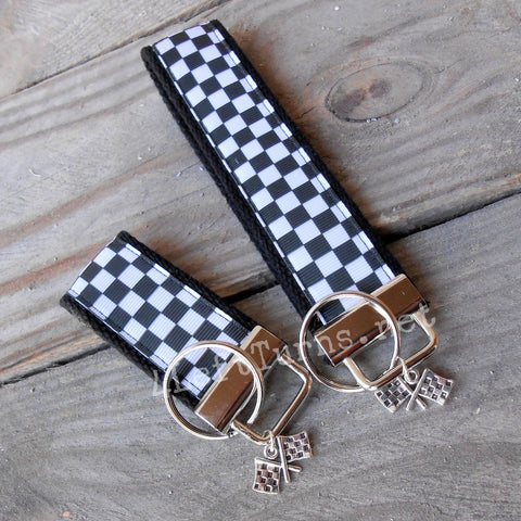 Black and white checked fabric key fobs.