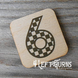 Checkered number 6 wooden magnet.