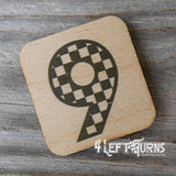 Checkered number 9 wooden magnet.