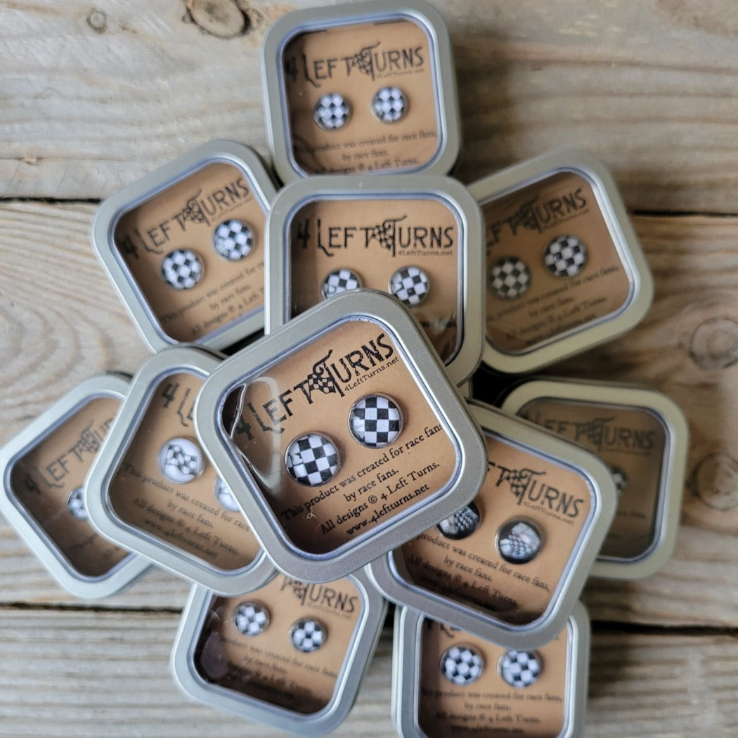 4 Left Turns selection of racing themed post style earrings.