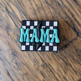 Silicone bead with checkered background and Mama.