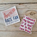 Two racing themed stickers.