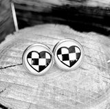 Checkered heart post style earrings.