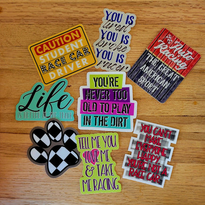 New group of eight racing stickers.