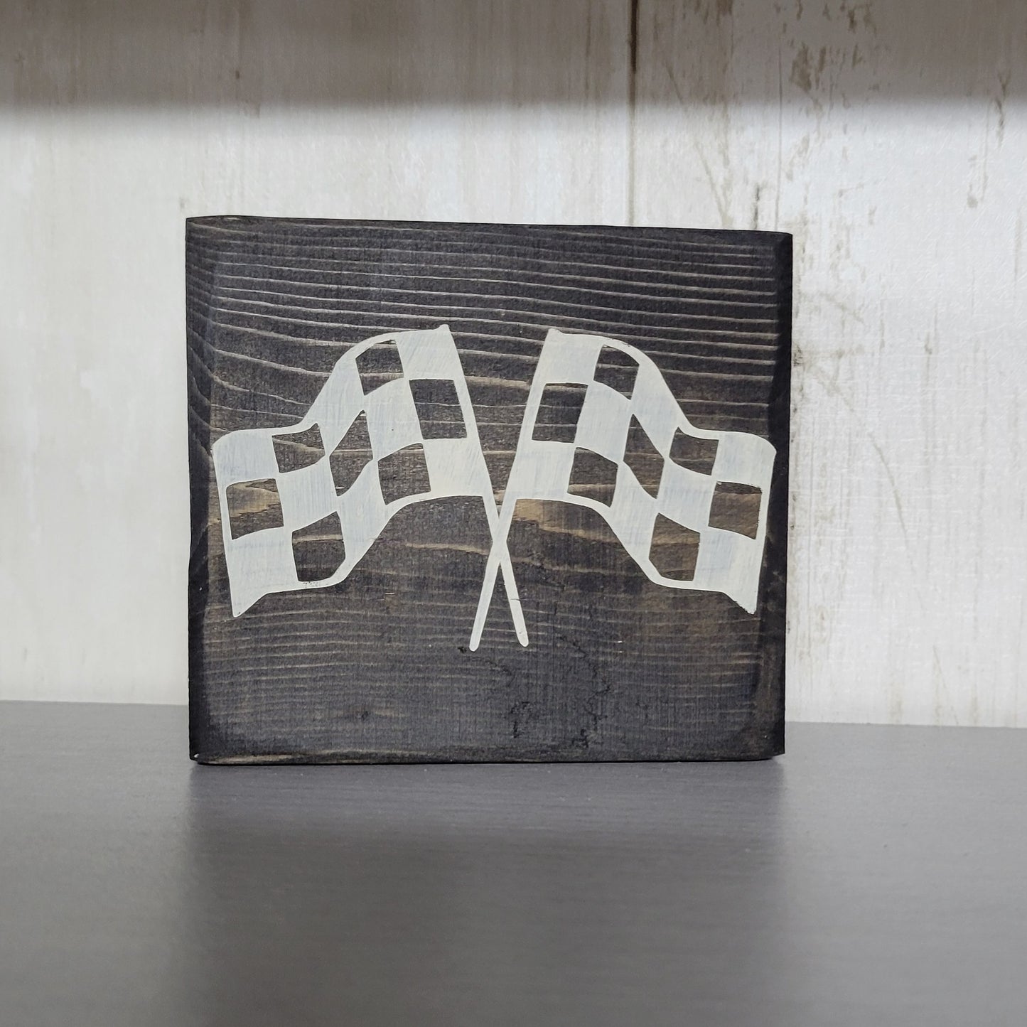 Crossed Checkered Flags Wood Block Scrappy Sign