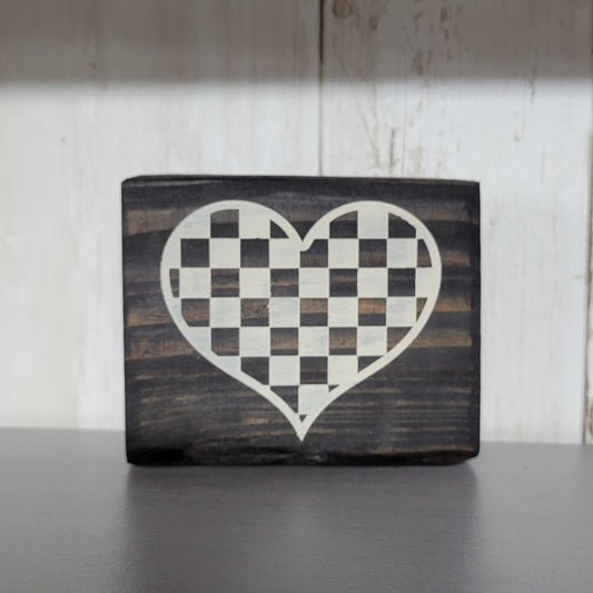 Checkered Heart Wood Block Scrappy Sign