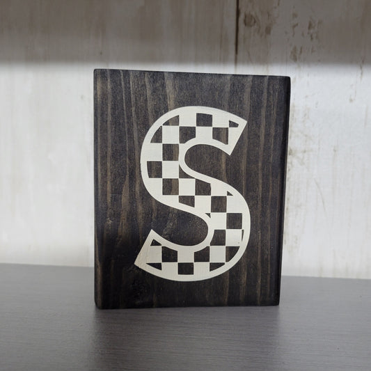 Checkered Letter S Wood Block Scrappy Sign