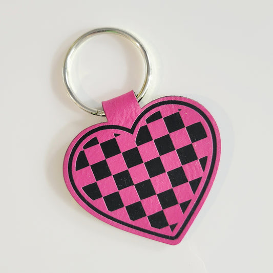 Checkered Heart Leatherette Key Fob