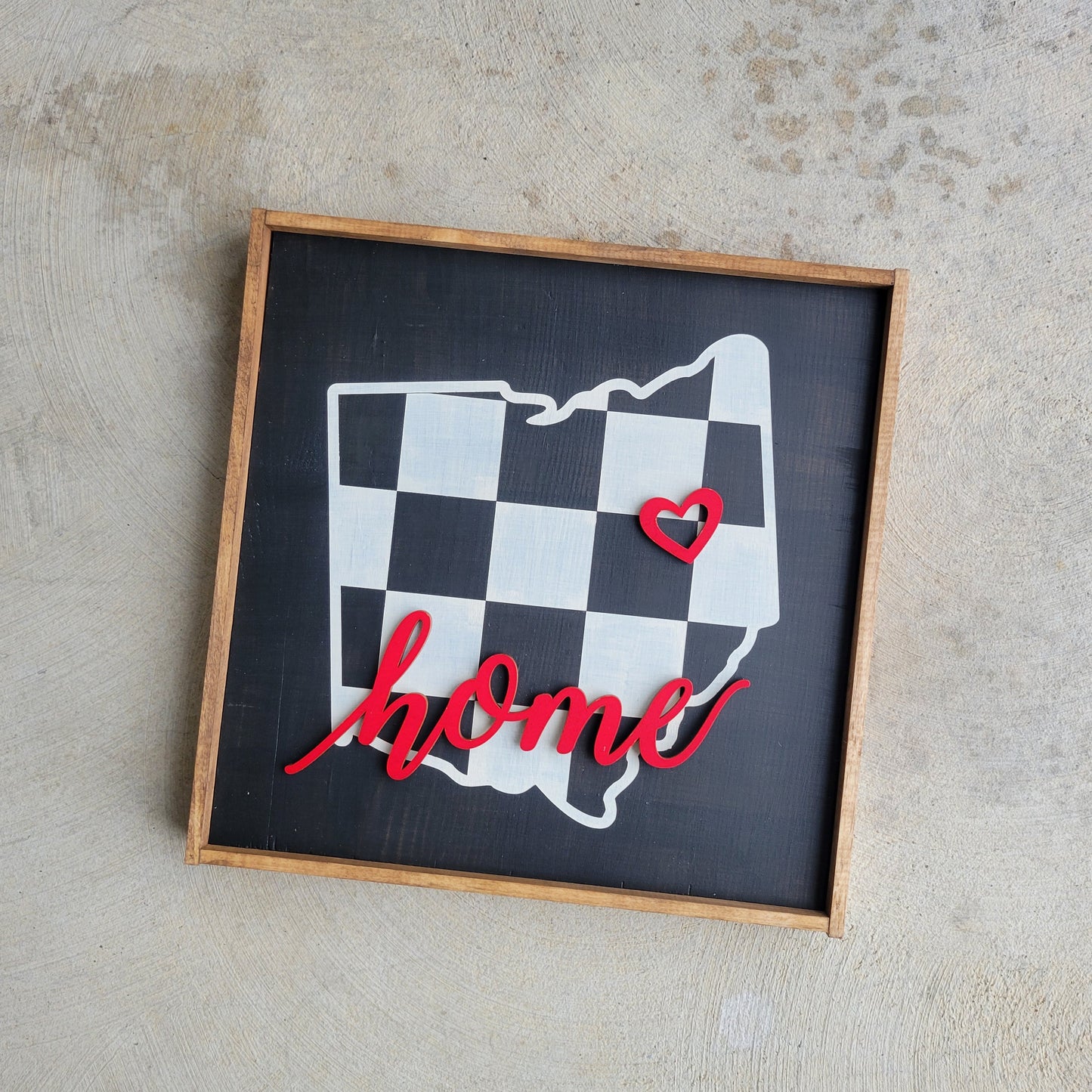 Large Checkered State Painted Wood Sign with Home and Heart