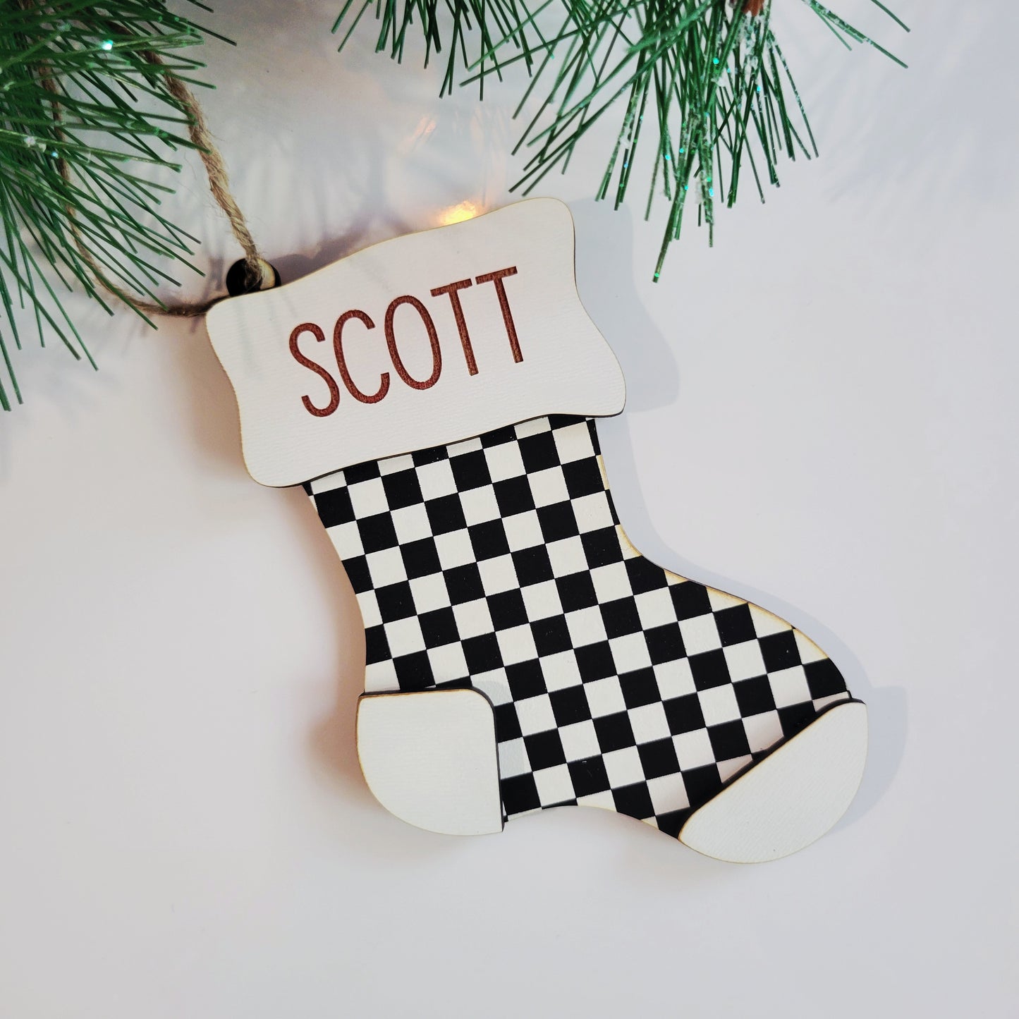 Personalized Checkered Christmas Stocking Ornament