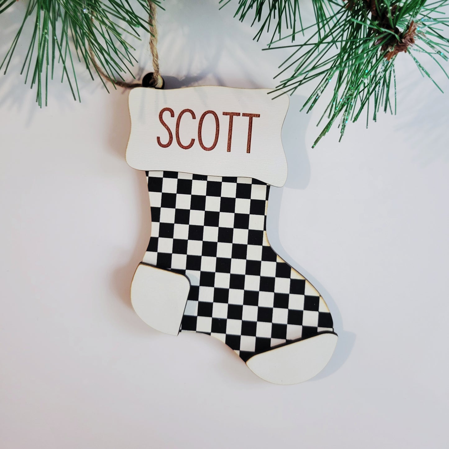 Personalized Checkered Christmas Stocking Ornament