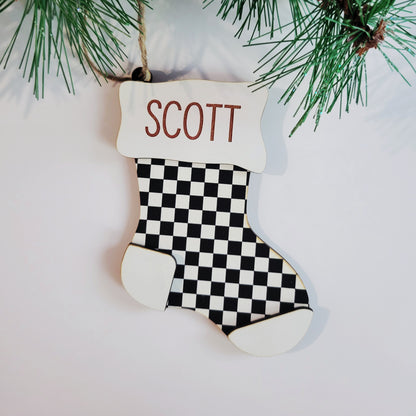 Personalized Checkered Christmas Stocking Ornament