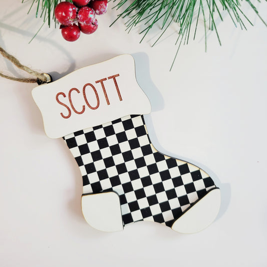 Personalized Checkered Christmas Stocking Ornament