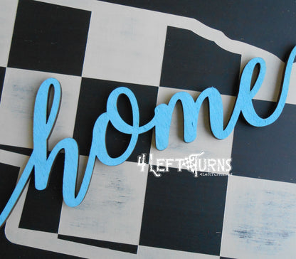 Large Checkered State Painted Wood Sign with Home and Heart