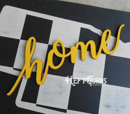 Large Checkered State Painted Wood Sign with Home and Heart