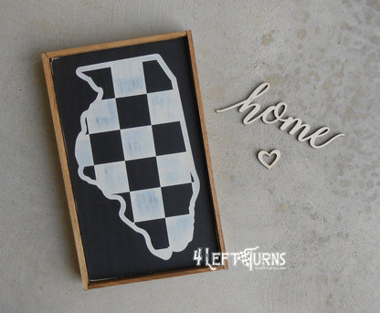 Large Checkered State Painted Wood Sign with Home and Heart