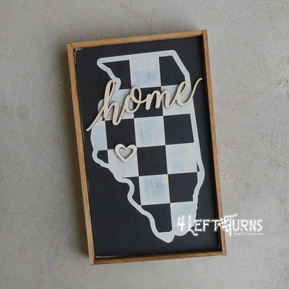 Large Checkered State Painted Wood Sign with Home and Heart