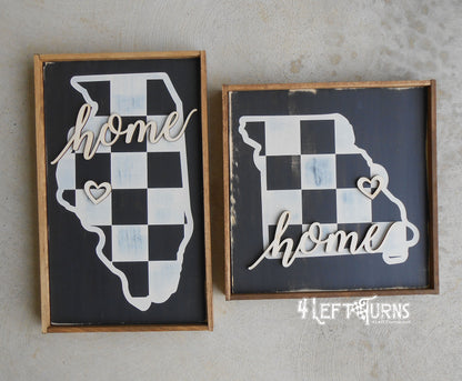 Large Checkered State Painted Wood Sign with Home and Heart
