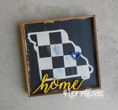 Large Checkered State Painted Wood Sign with Home and Heart