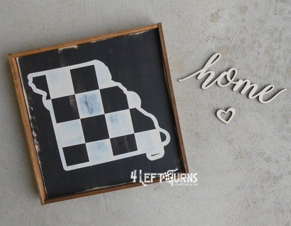 Large Checkered State Painted Wood Sign with Home and Heart