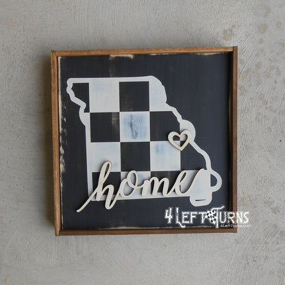 Large Checkered State Painted Wood Sign with Home and Heart