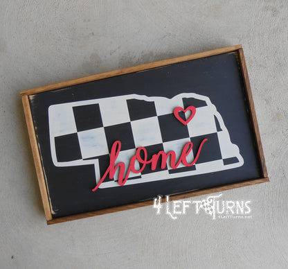 Large Checkered State Painted Wood Sign with Home and Heart