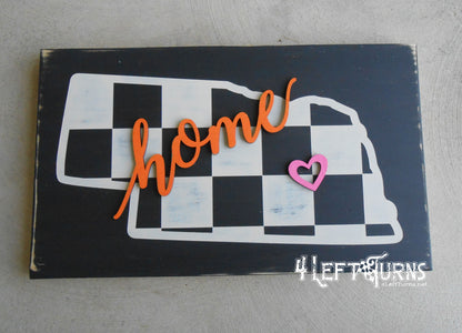 Large Checkered State Painted Wood Sign with Home and Heart