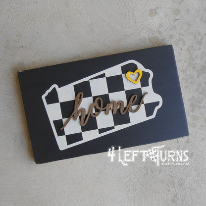 Large Checkered State Painted Wood Sign with Home and Heart